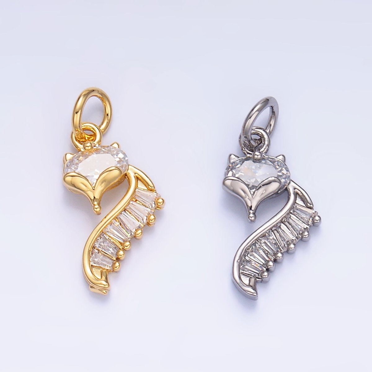 24K Gold Filled Fox Cat Baguette CZ Curve Silhouette Charm in Gold & Silver | W447