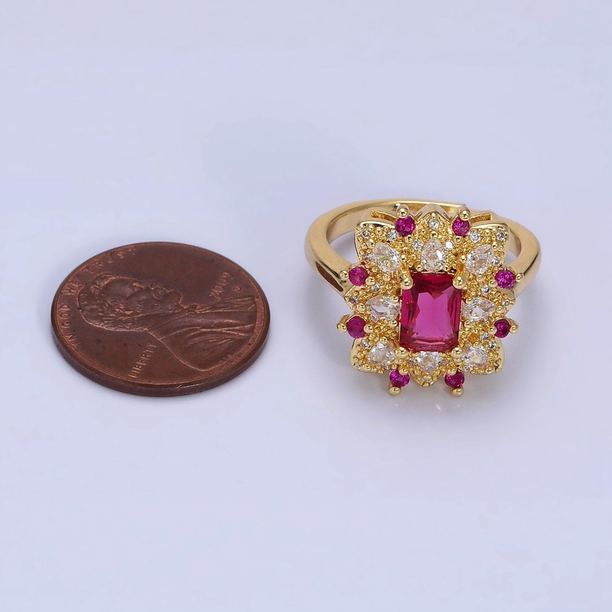 24K Gold Filled Fuchsia Baguette Flower Teardrop CZ Dotted Adjustable Ring | O-562
