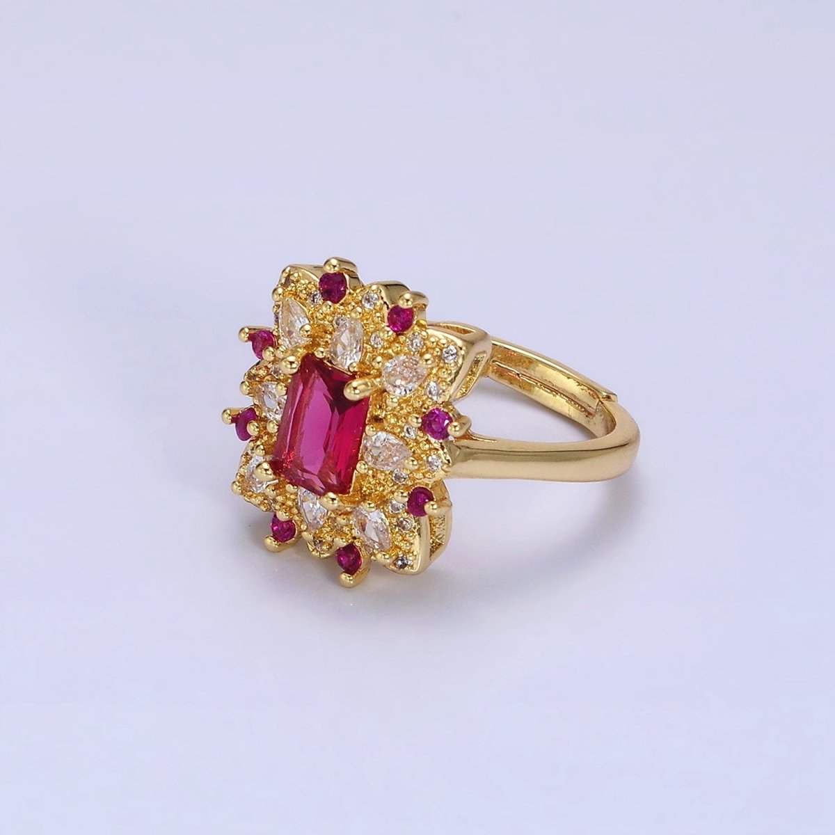 24K Gold Filled Fuchsia Baguette Flower Teardrop CZ Dotted Adjustable Ring | O-562