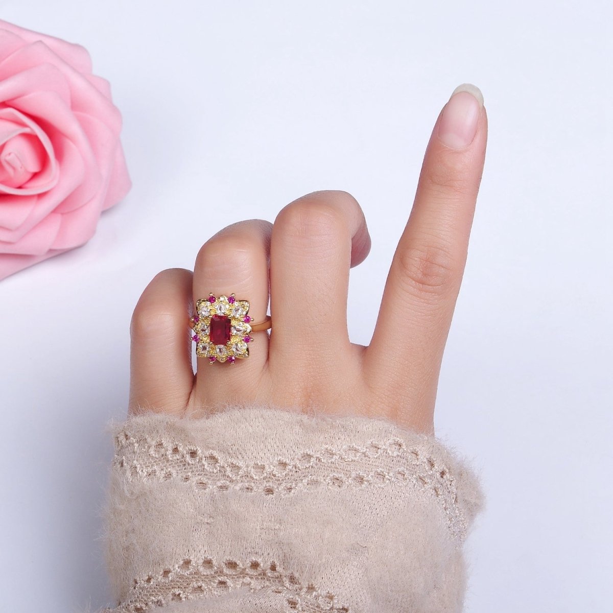 24K Gold Filled Fuchsia Baguette Flower Teardrop CZ Dotted Adjustable Ring | O-562