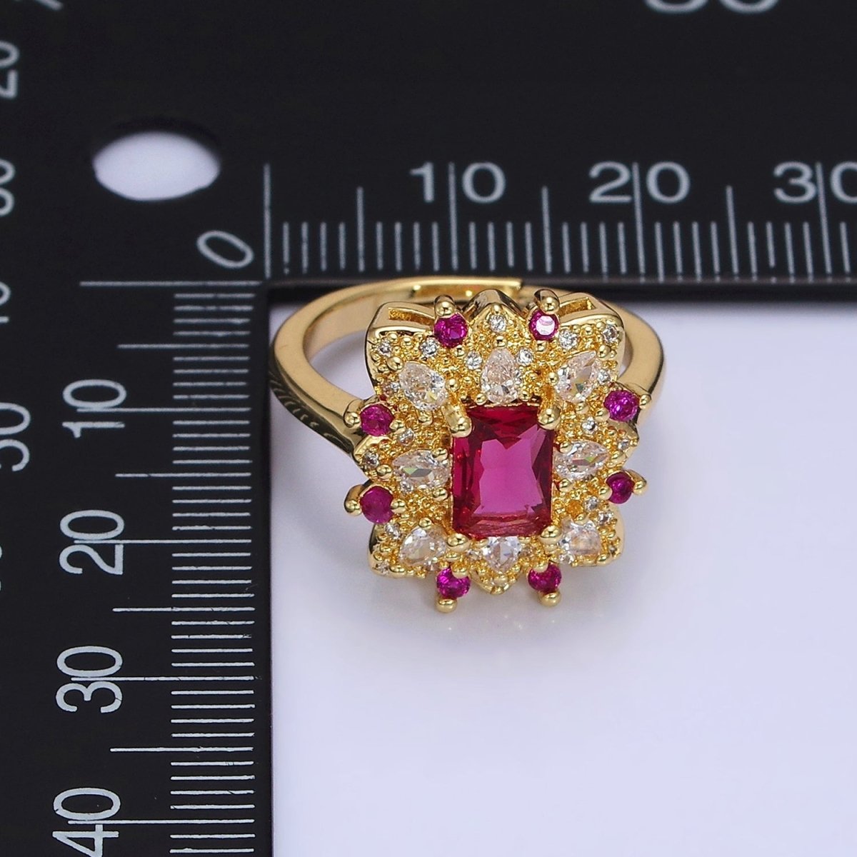 24K Gold Filled Fuchsia Baguette Flower Teardrop CZ Dotted Adjustable Ring | O-562