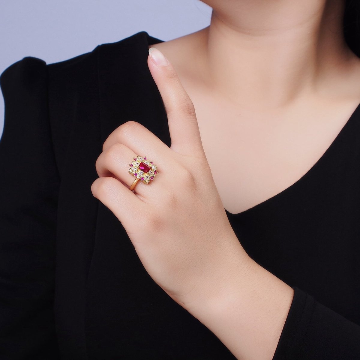 24K Gold Filled Fuchsia Baguette Flower Teardrop CZ Dotted Adjustable Ring | O-562