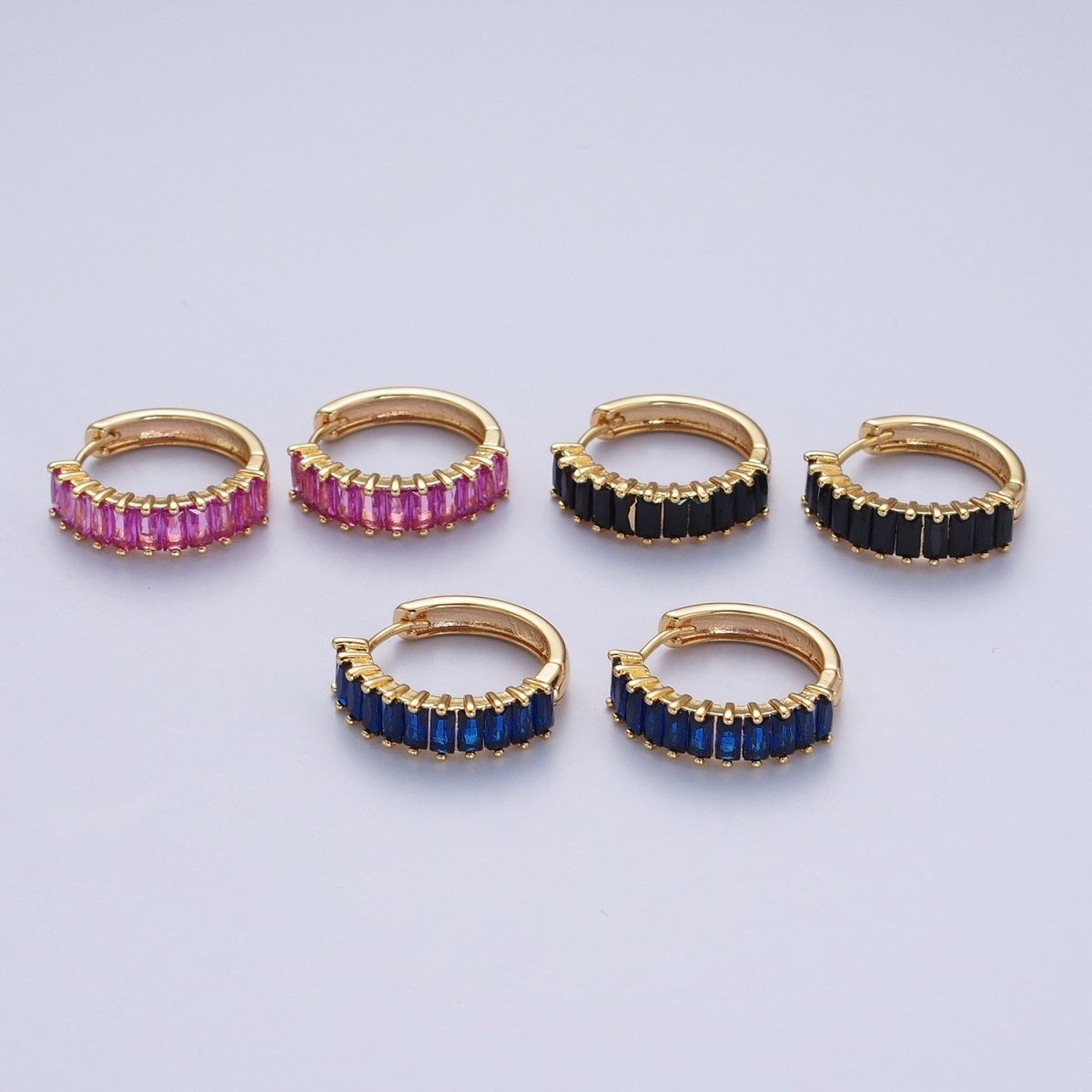 24K Gold Filled Fuchsia, Black. Blue Baguette Cubic Zirconia 18mm Huggie Hoop Earrings | AD-476~AD-478