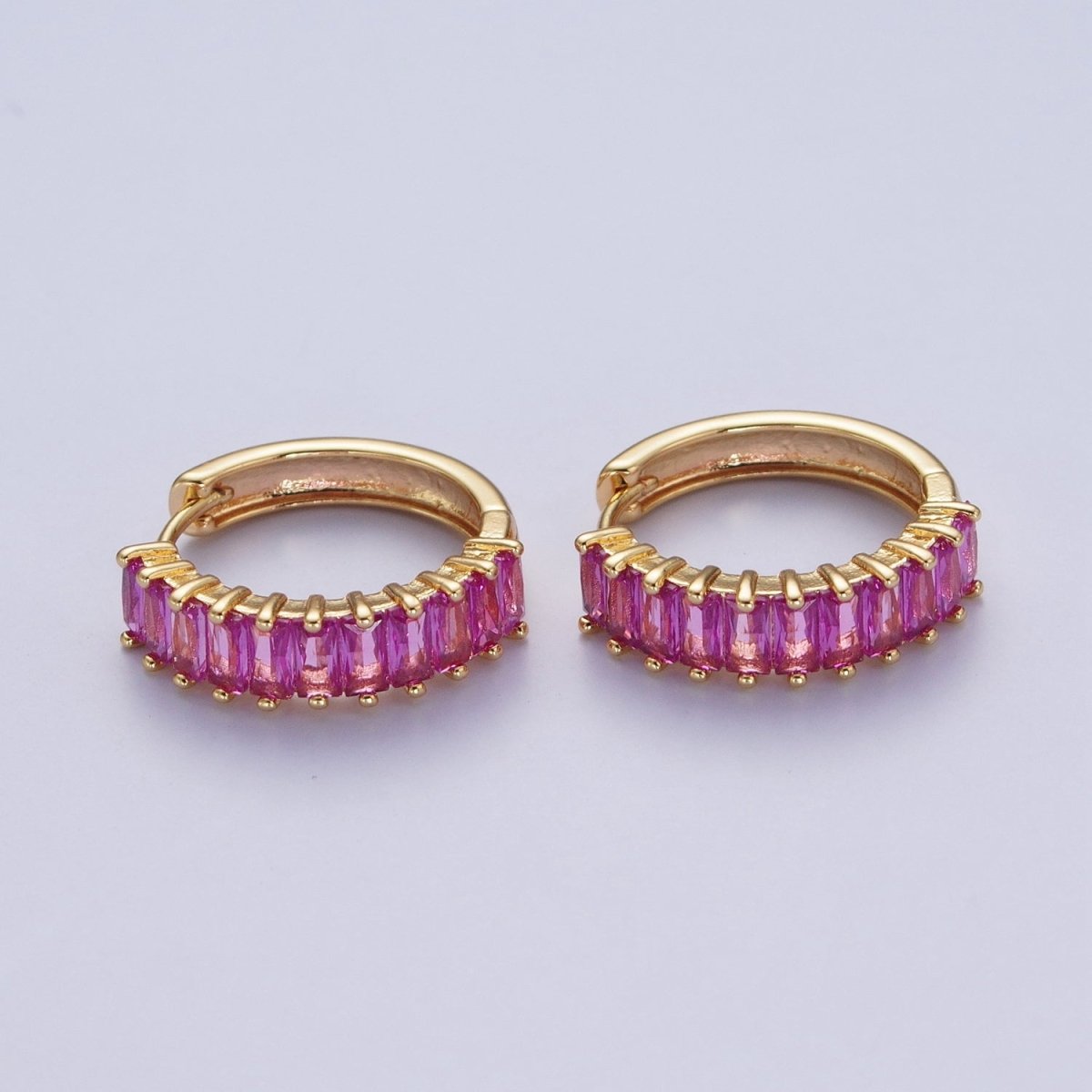 24K Gold Filled Fuchsia, Black. Blue Baguette Cubic Zirconia 18mm Huggie Hoop Earrings | AD-476~AD-478