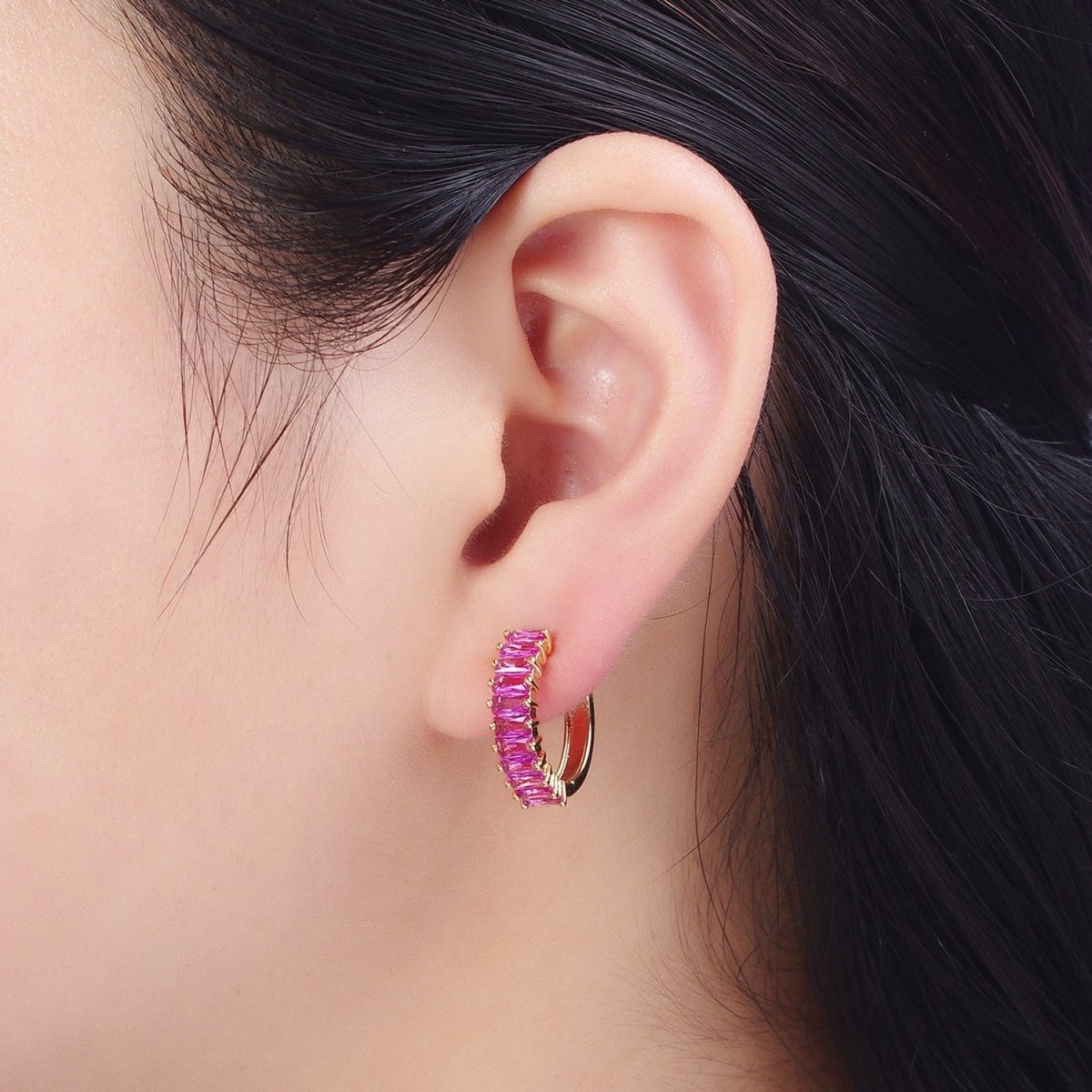 24K Gold Filled Fuchsia, Black. Blue Baguette Cubic Zirconia 18mm Huggie Hoop Earrings | AD-476~AD-478