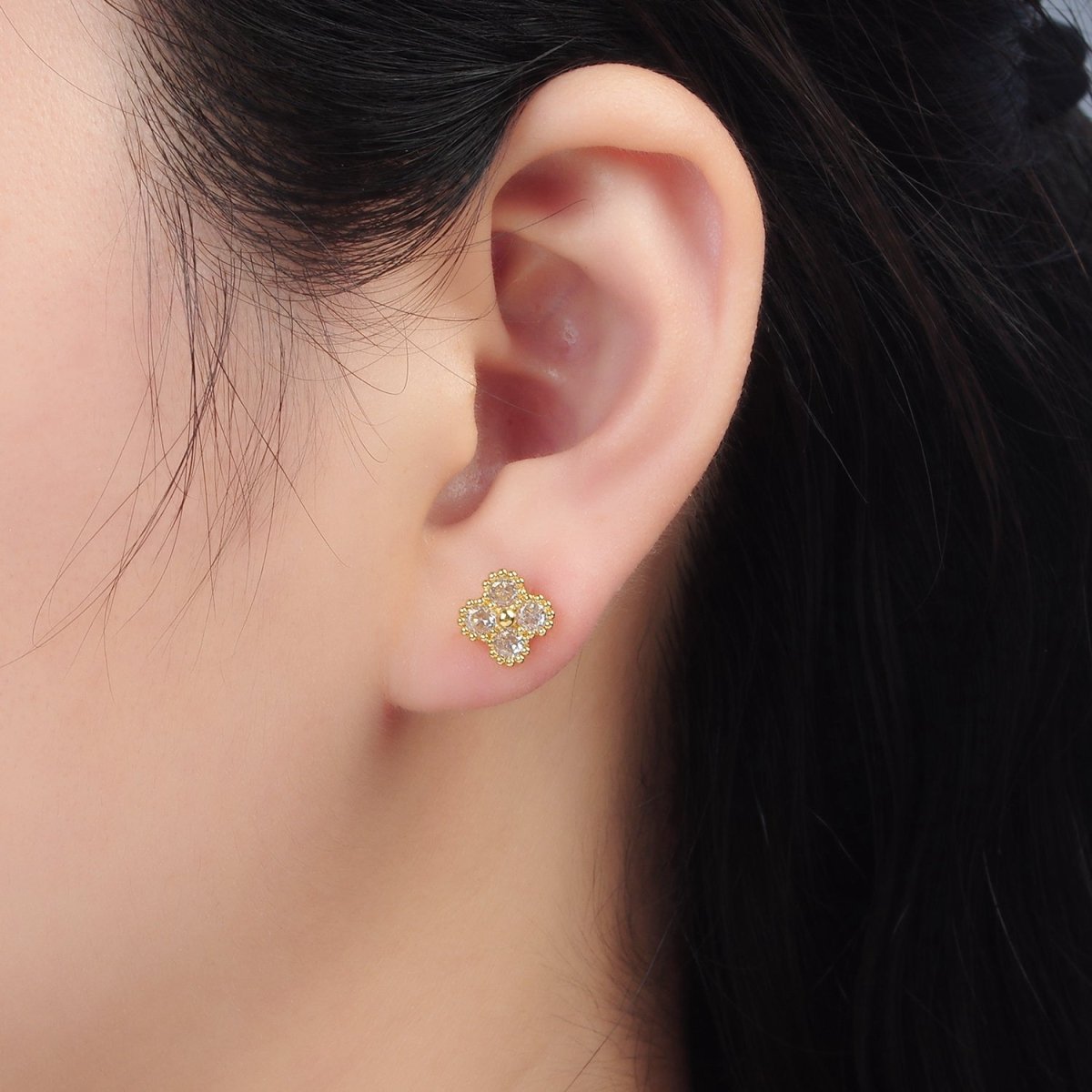 24K Gold Filled Fuchsia, Black, Clear CZ Quatrefoil Clover Flower Stud Earrings | AB1233 - AB1235