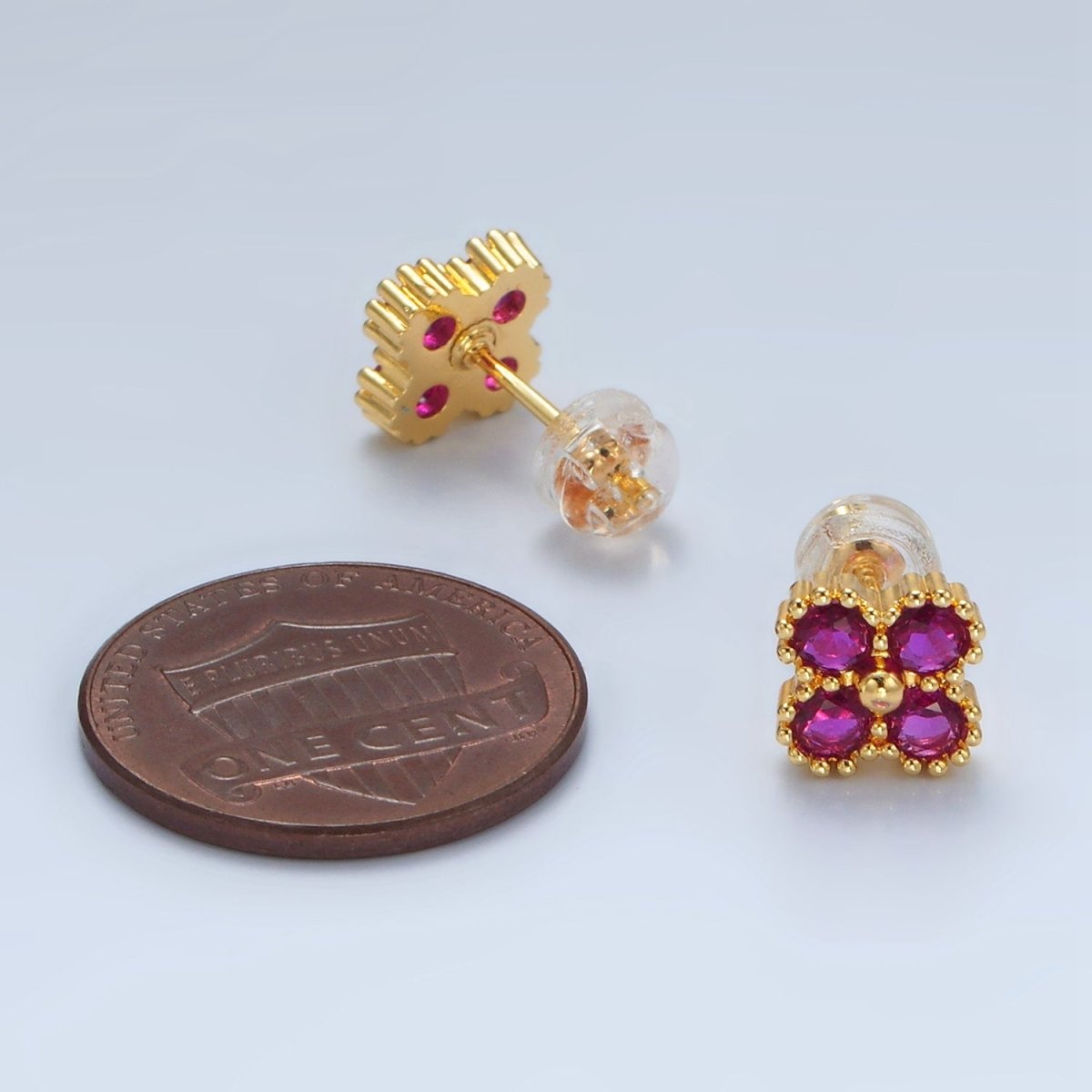 24K Gold Filled Fuchsia, Black, Clear CZ Quatrefoil Clover Flower Stud Earrings | AB1233 - AB1235