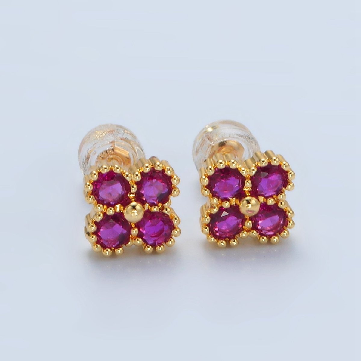 24K Gold Filled Fuchsia, Black, Clear CZ Quatrefoil Clover Flower Stud Earrings | AB1233 - AB1235