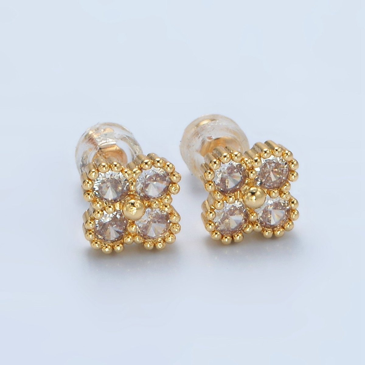 24K Gold Filled Fuchsia, Black, Clear CZ Quatrefoil Clover Flower Stud Earrings | AB1233 - AB1235