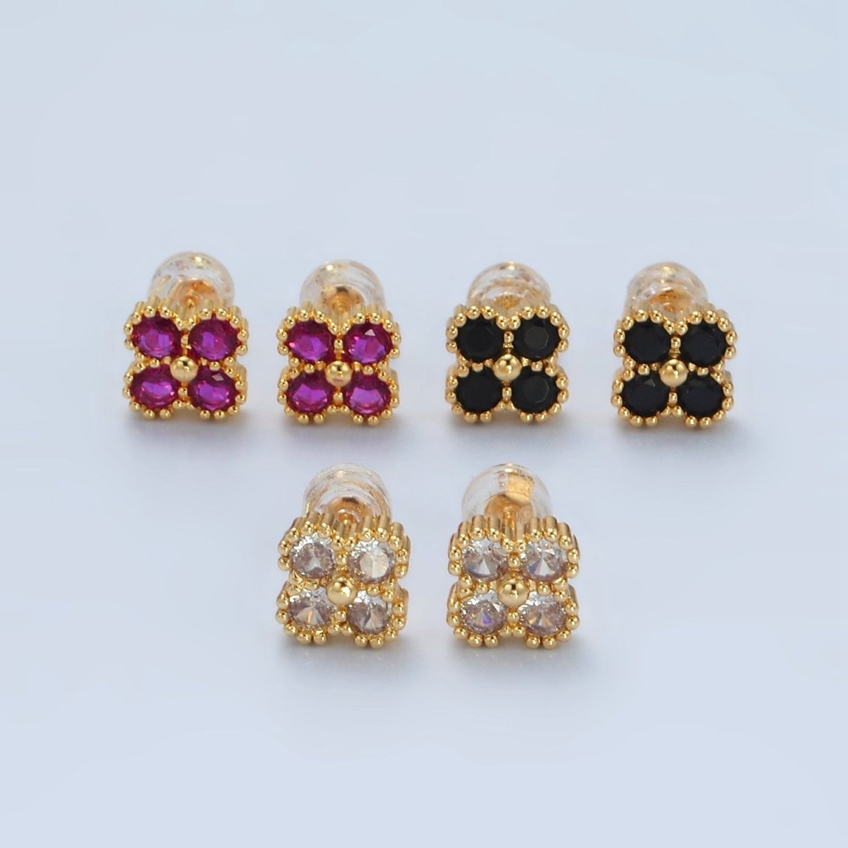 24K Gold Filled Fuchsia, Black, Clear CZ Quatrefoil Clover Flower Stud Earrings | AB1233 - AB1235