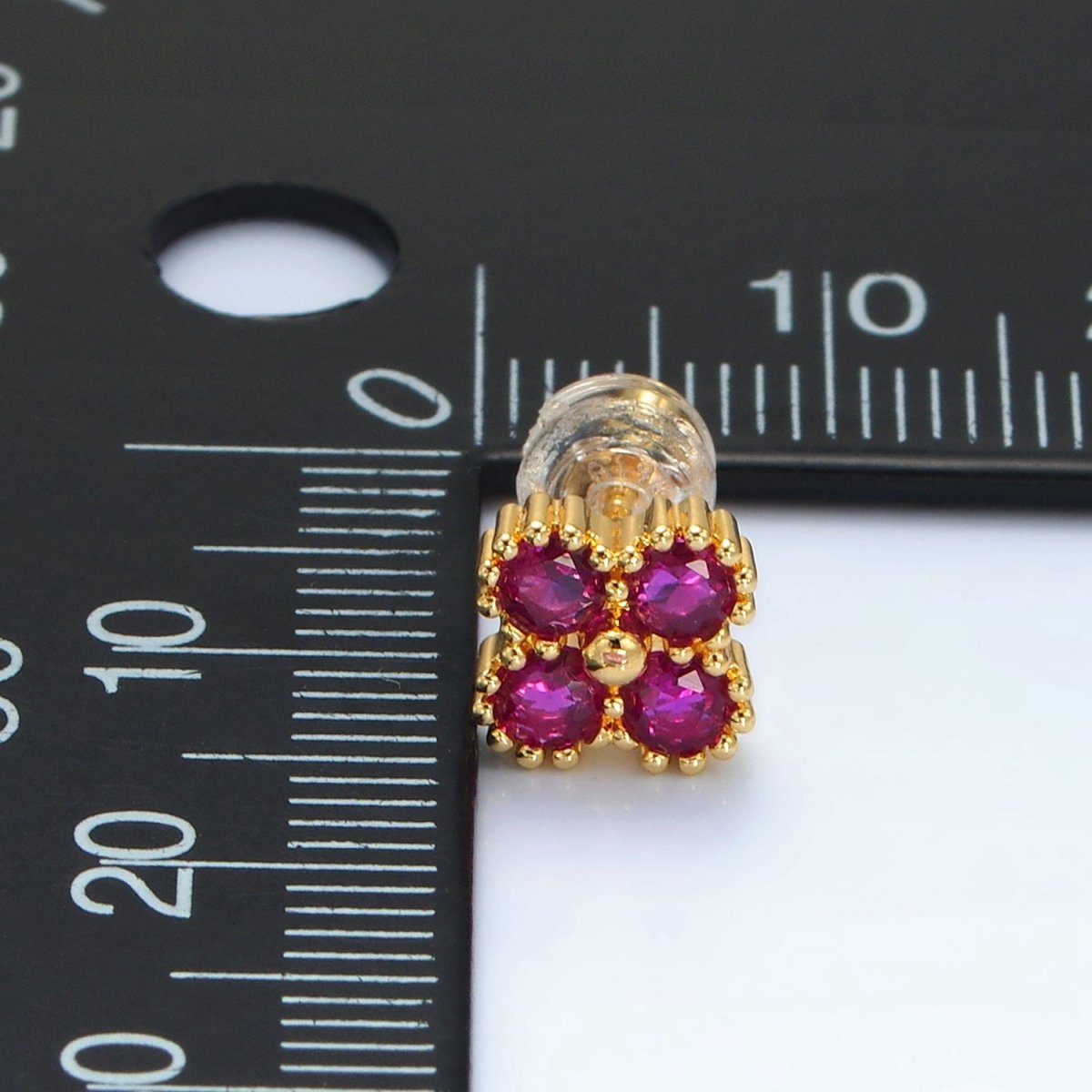 24K Gold Filled Fuchsia, Black, Clear CZ Quatrefoil Clover Flower Stud Earrings | AB1233 - AB1235