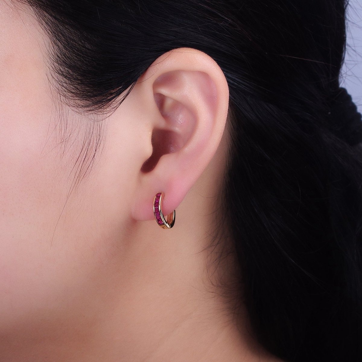 24K Gold Filled Fuchsia, Black Square CZ Lined Huggie Earrings in Gold & Silver | AB1407 - AB1410