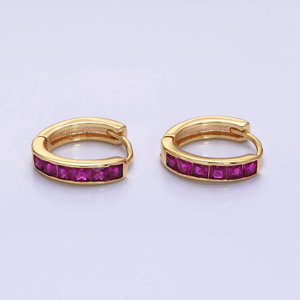 24K Gold Filled Fuchsia, Black Square CZ Lined Huggie Earrings in Gold & Silver | AB1407 - AB1410