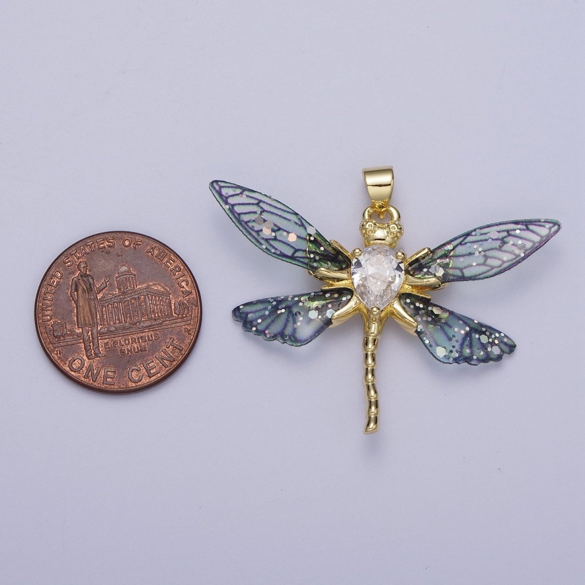 24K Gold Filled Fuchsia, Blue Dragonfly Fairy Wings Teardrop CZ Pendant  I-143 I-158