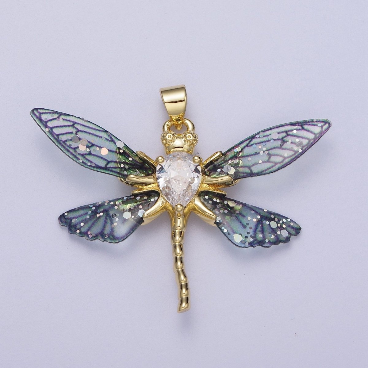 24K Gold Filled Fuchsia, Blue Dragonfly Fairy Wings Teardrop CZ Pendant  I-143 I-158