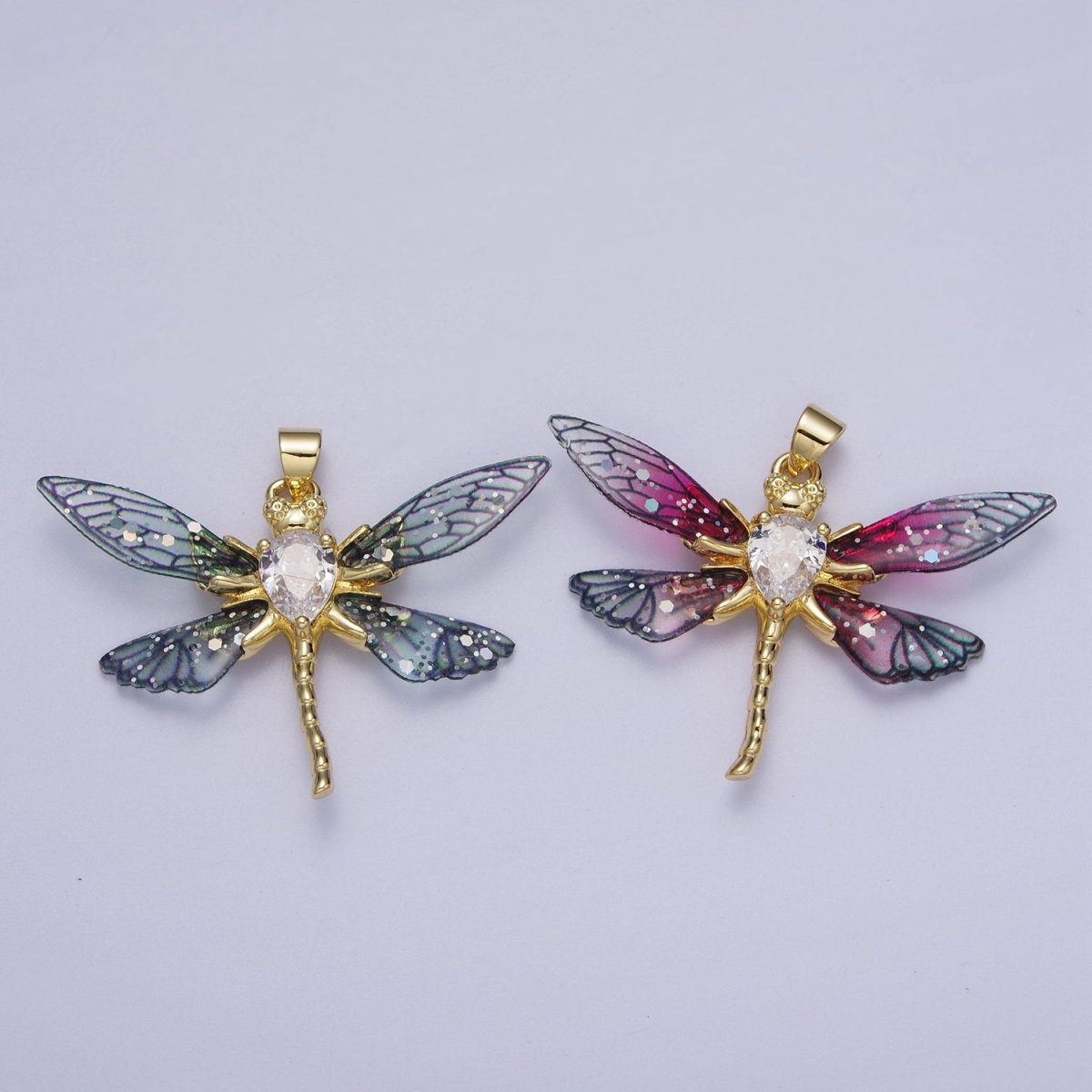 24K Gold Filled Fuchsia, Blue Dragonfly Fairy Wings Teardrop CZ Pendant  I-143 I-158