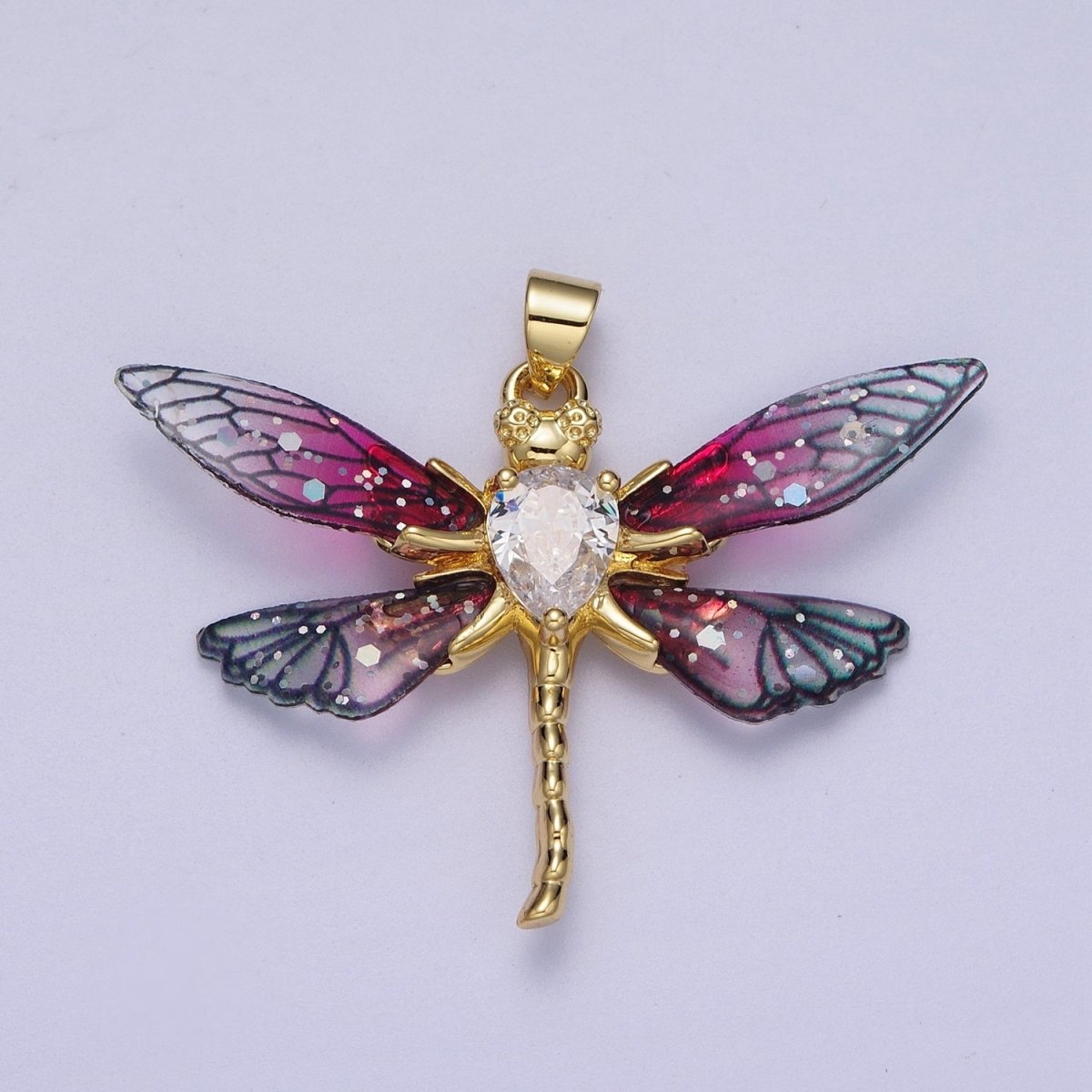 24K Gold Filled Fuchsia, Blue Dragonfly Fairy Wings Teardrop CZ Pendant  I-143 I-158