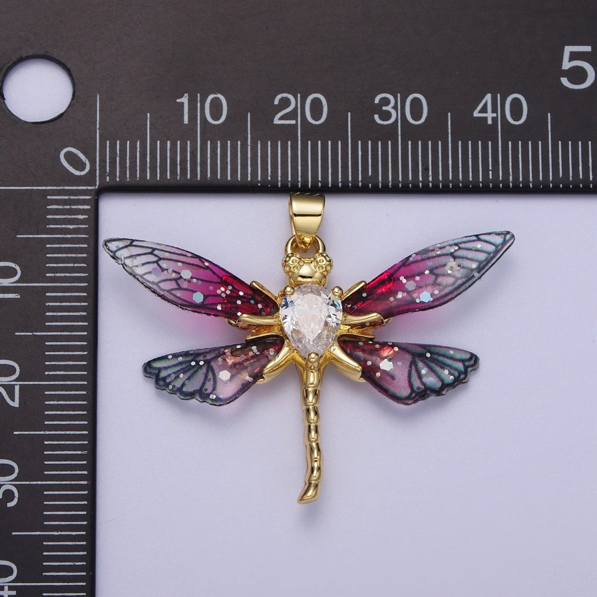 24K Gold Filled Fuchsia, Blue Dragonfly Fairy Wings Teardrop CZ Pendant  I-143 I-158