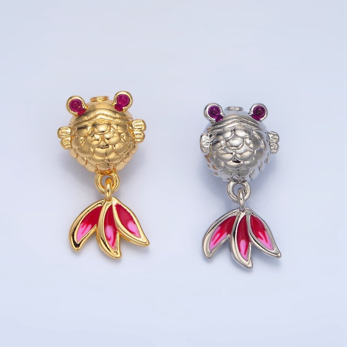 24K Gold Filled Fuchsia CZ Enamel Gold Fish Sea Animal Bead in Gold & Silver | B514