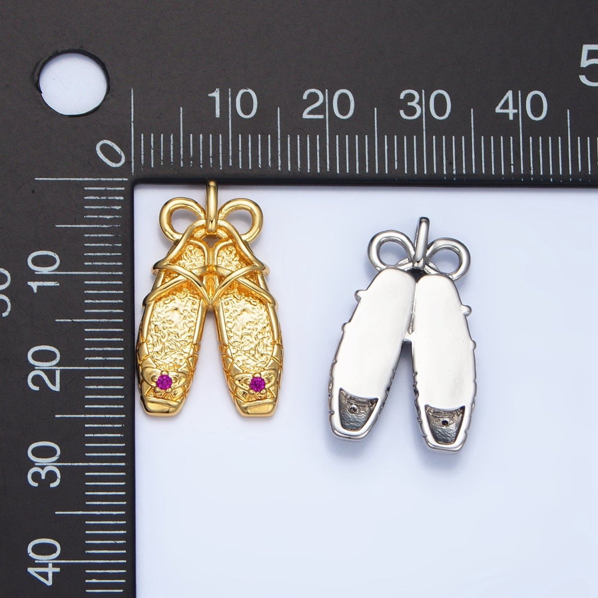 24K Gold Filled Fuchsia CZ Hammered Ribbon Ballet Dancing Shoes Pendant in Gold & Silver | AA118
