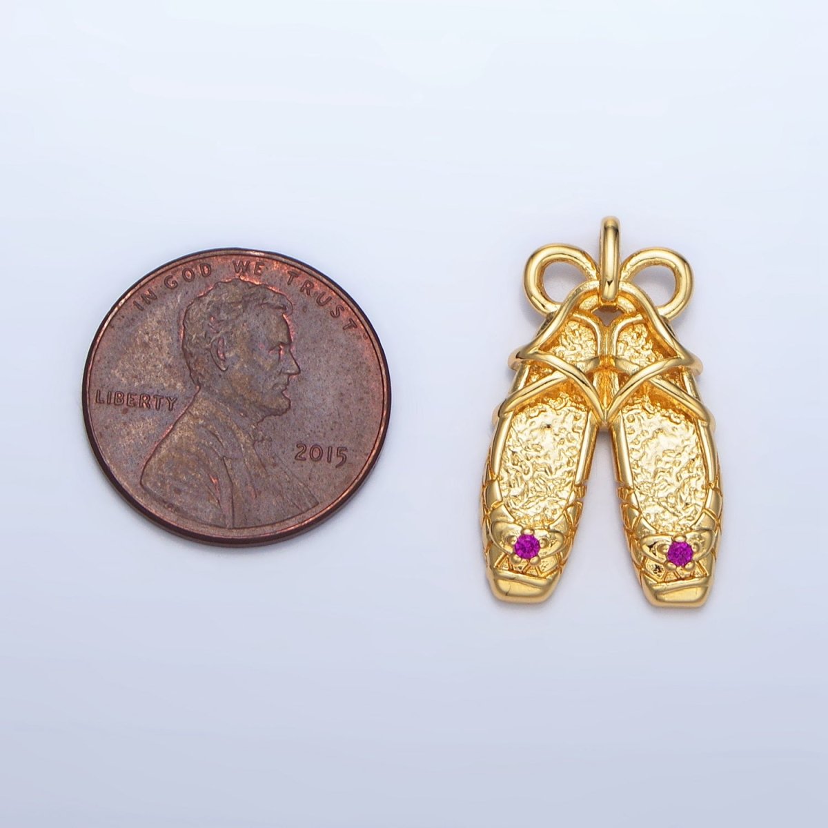 24K Gold Filled Fuchsia CZ Hammered Ribbon Ballet Dancing Shoes Pendant in Gold & Silver | AA118