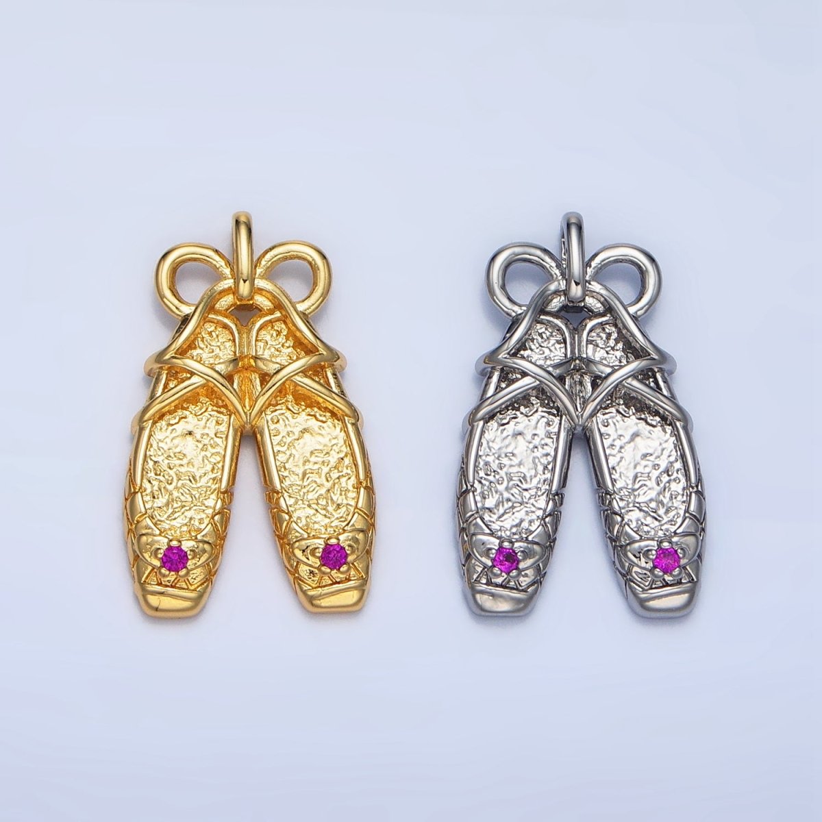 24K Gold Filled Fuchsia CZ Hammered Ribbon Ballet Dancing Shoes Pendant in Gold & Silver | AA118