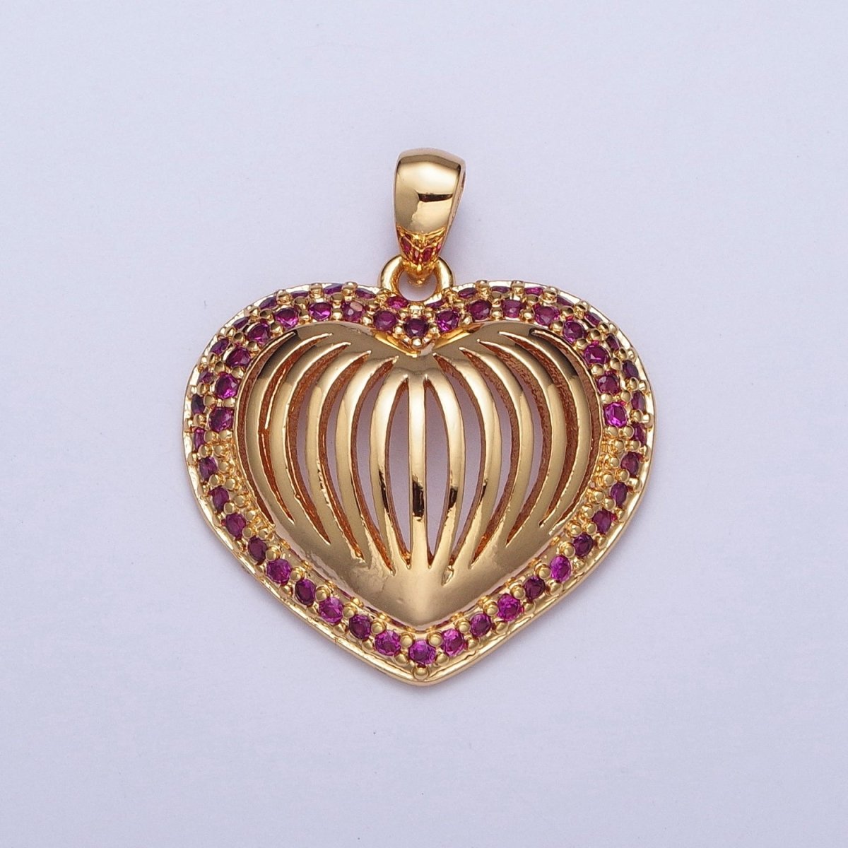 24K Gold Filled Fuchsia CZ Heart Pendant, Love Valentine Open Heart Charm For Jewelry Making X-435 - DLUXCA