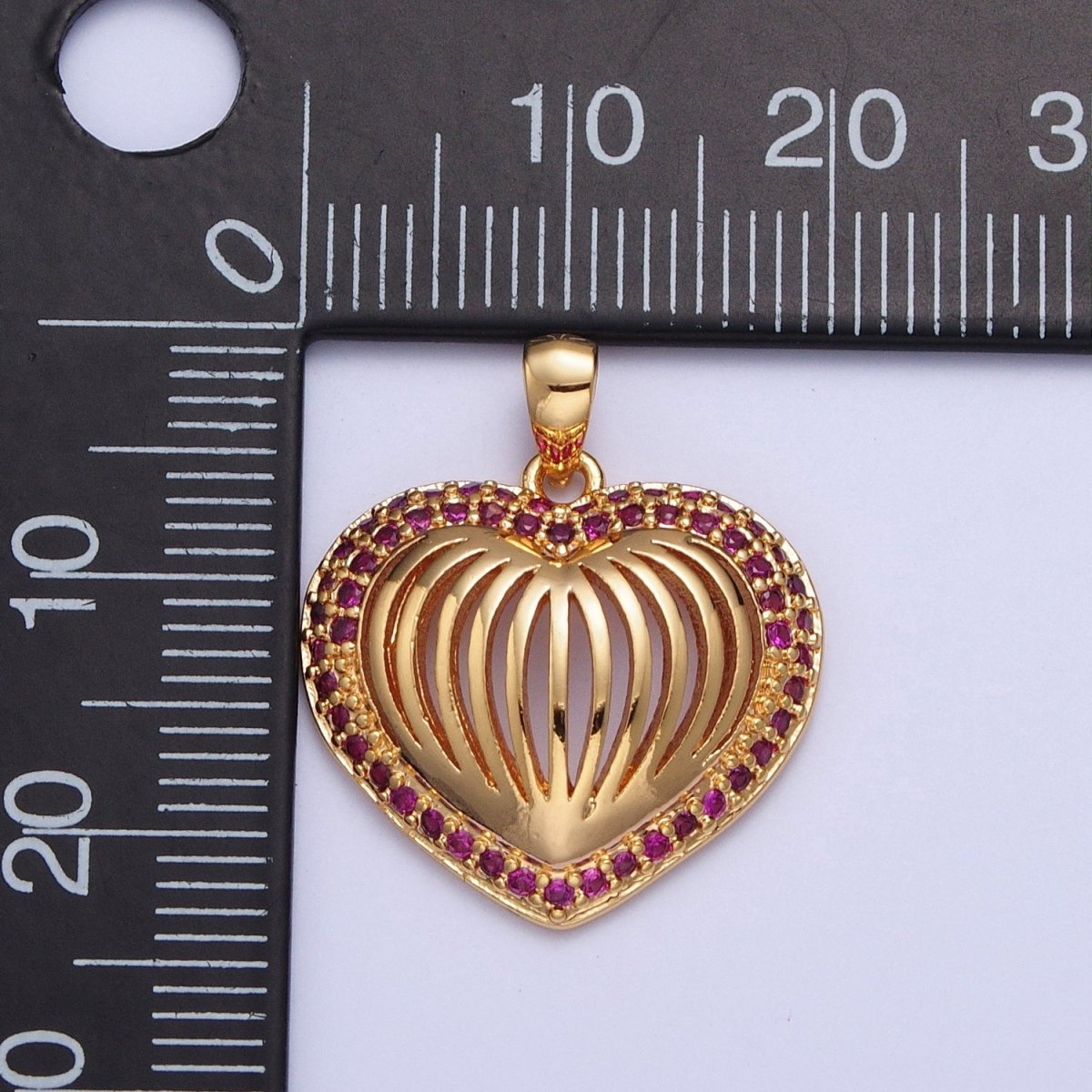 24K Gold Filled Fuchsia CZ Heart Pendant, Love Valentine Open Heart Charm For Jewelry Making X-435 - DLUXCA