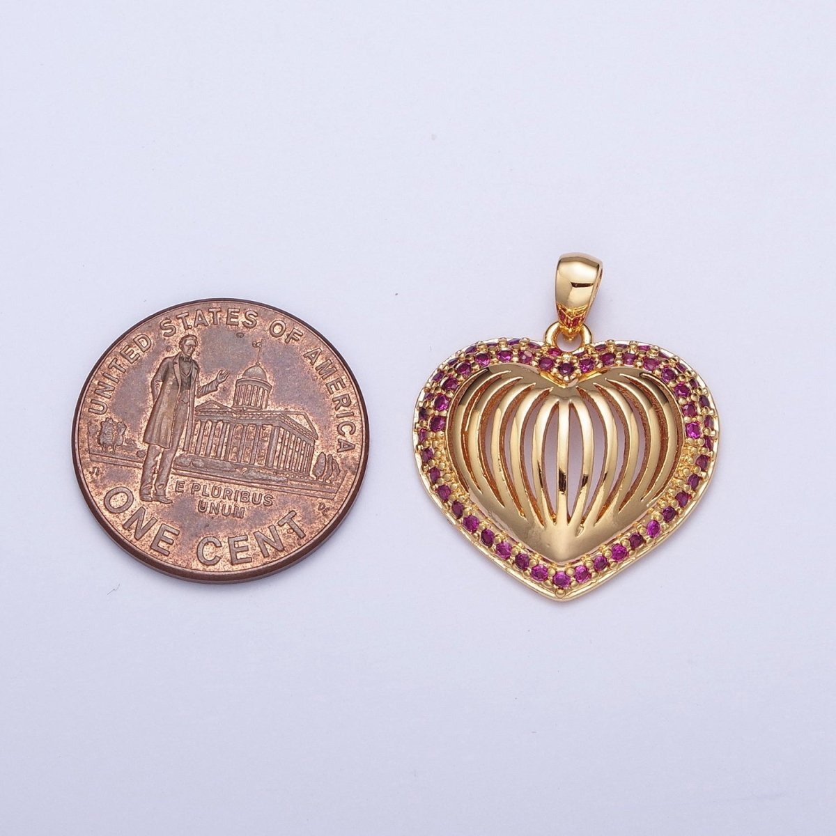 24K Gold Filled Fuchsia CZ Heart Pendant, Love Valentine Open Heart Charm For Jewelry Making X-435 - DLUXCA