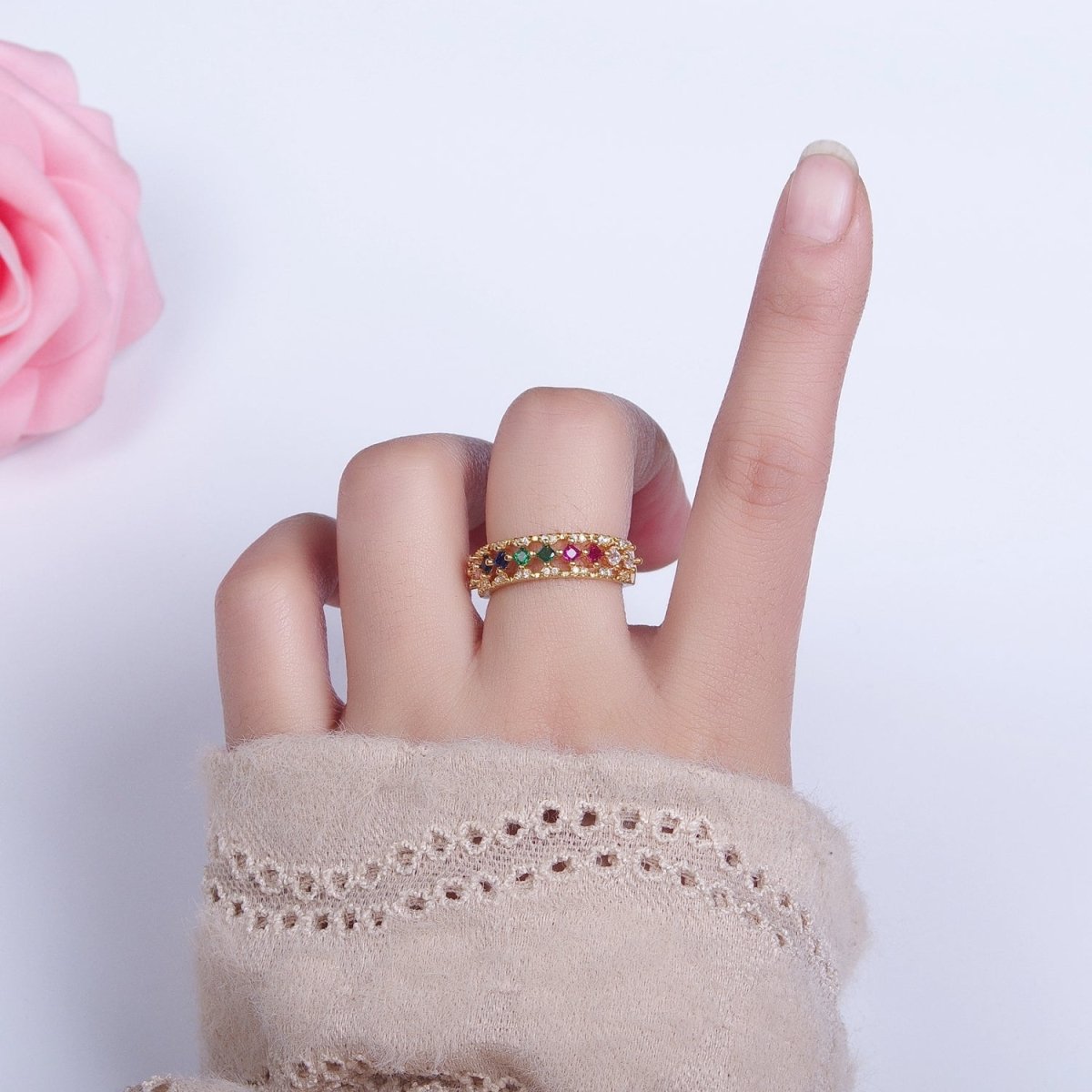 24K Gold Filled Fuchsia, Multicolor, Black, Purple, Blue, Pink, Green, Clear Rhombus CZ Micro Paved Ring in Gold & Silver | O-1517~O-1532