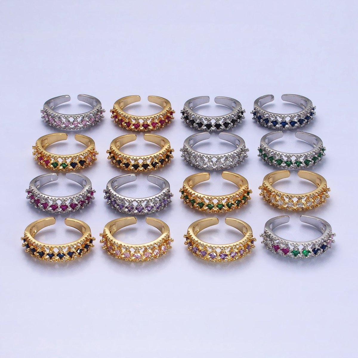 24K Gold Filled Fuchsia, Multicolor, Black, Purple, Blue, Pink, Green, Clear Rhombus CZ Micro Paved Ring in Gold & Silver | O-1517~O-1532
