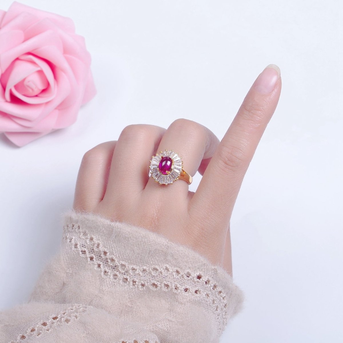 24K Gold Filled Fuchsia Pink Jade Ring, Round Baguette CZ Zirconia O-768 - DLUXCA