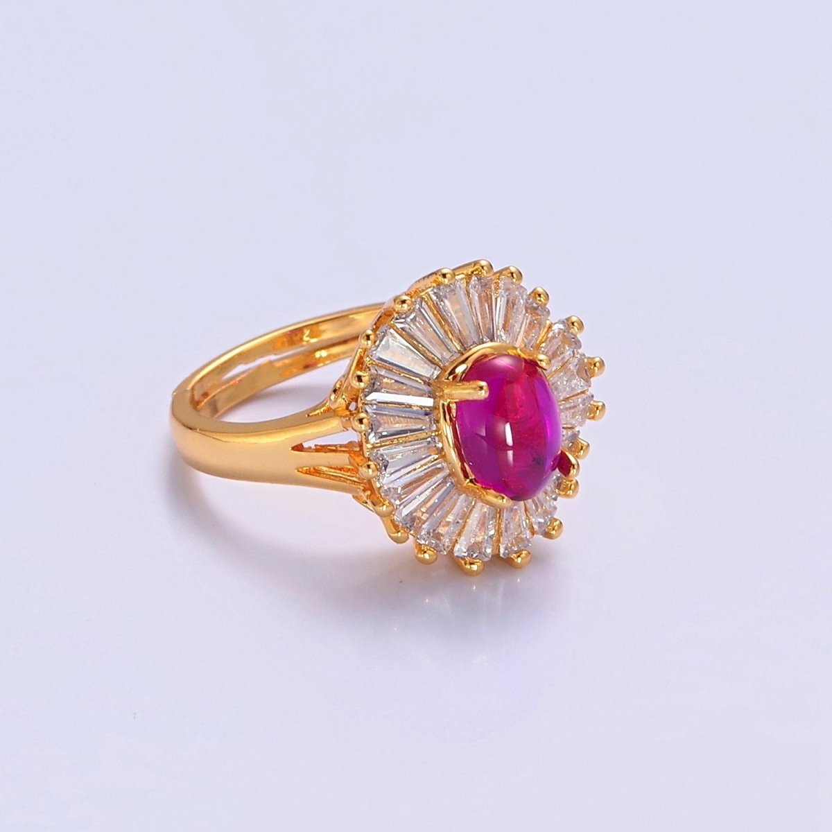 24K Gold Filled Fuchsia Pink Jade Ring, Round Baguette CZ Zirconia O-768 - DLUXCA