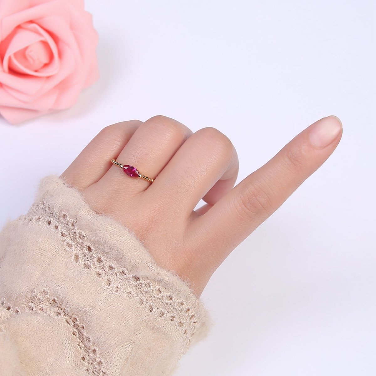 24K Gold Filled Fuchsia Pink Sharp Oval Marquise Crystal Cubic Zirconia CZ on Beaded Gold Promise Ring S-365