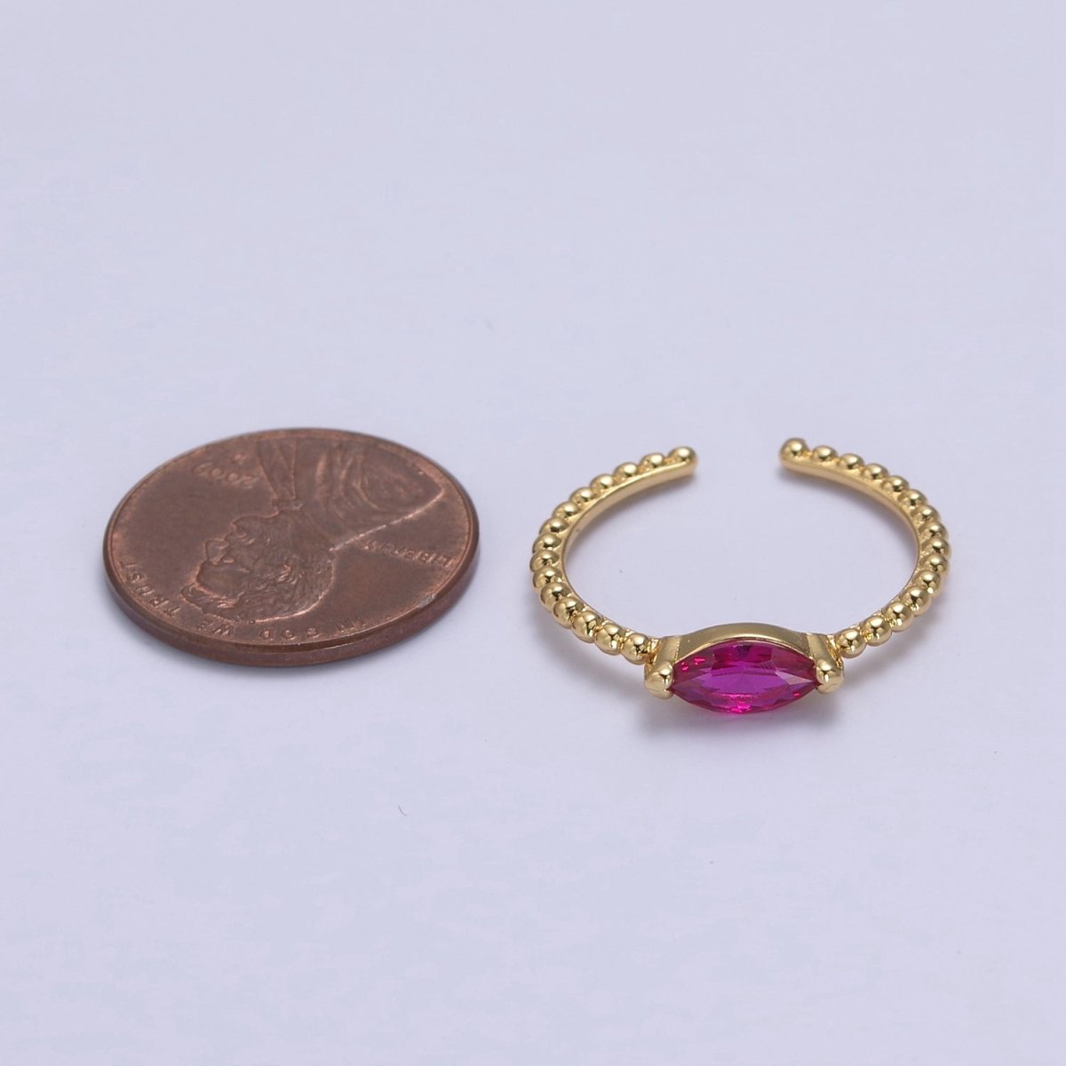 24K Gold Filled Fuchsia Pink Sharp Oval Marquise Crystal Cubic Zirconia CZ on Beaded Gold Promise Ring S-365