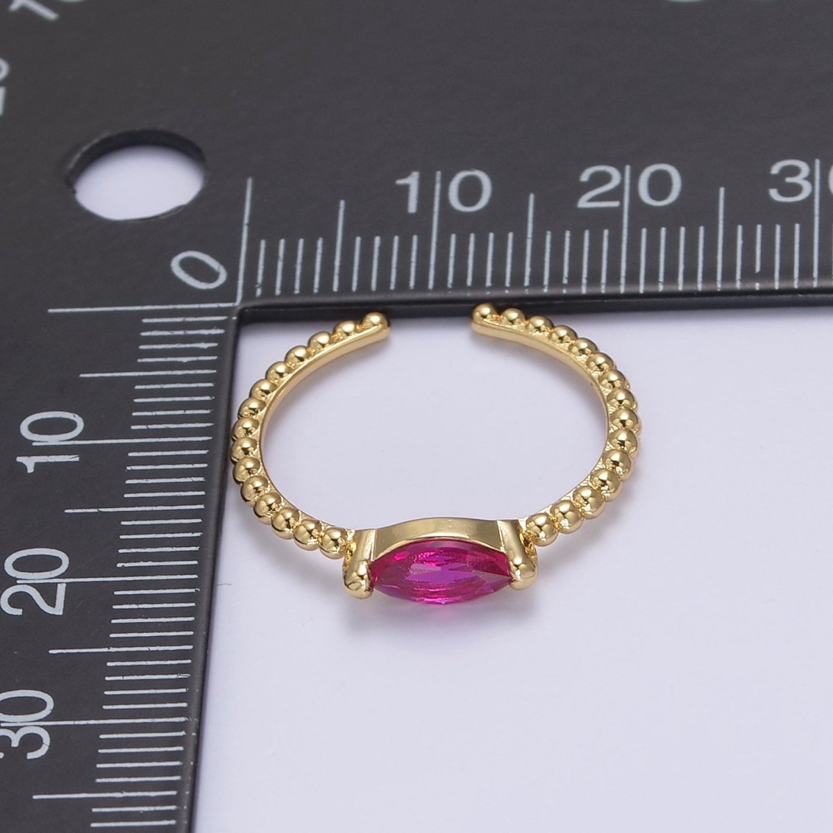 24K Gold Filled Fuchsia Pink Sharp Oval Marquise Crystal Cubic Zirconia CZ on Beaded Gold Promise Ring S-365