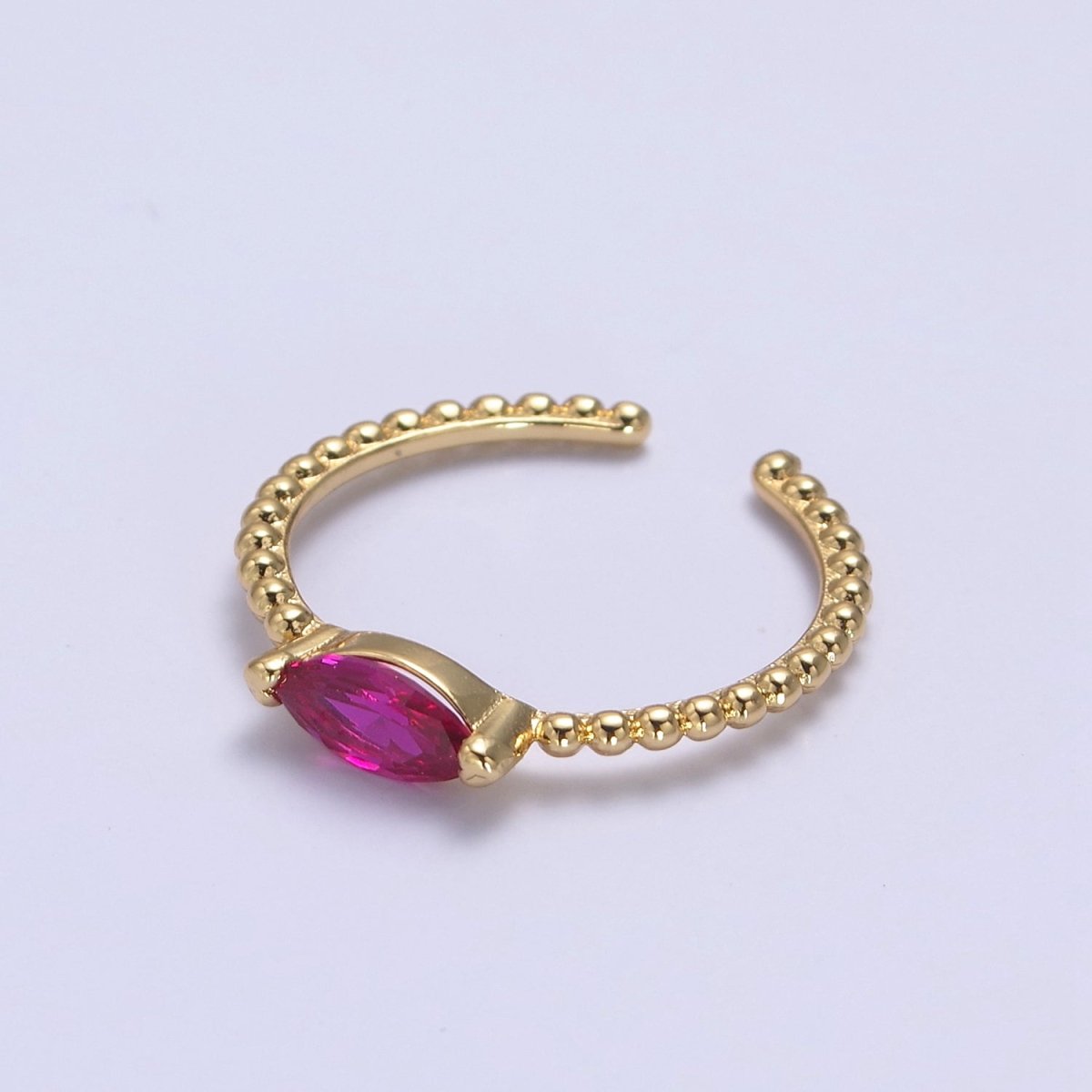 24K Gold Filled Fuchsia Pink Sharp Oval Marquise Crystal Cubic Zirconia CZ on Beaded Gold Promise Ring S-365