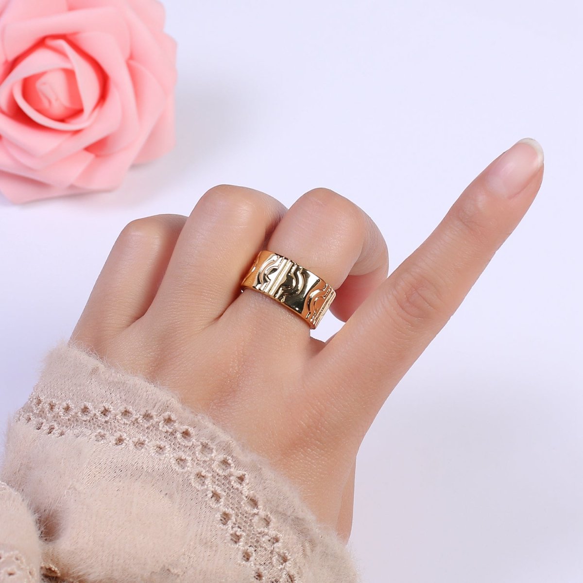 24K Gold Filled Geometric Abstract Thick Rings, Carved Circle Statement Rings in Gold & Silver S-319 S-320