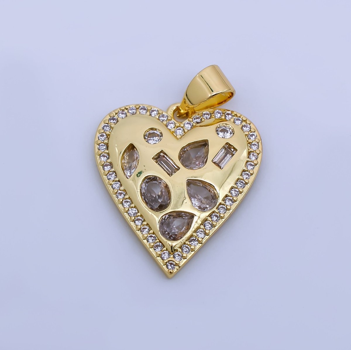 24K Gold Filled Geometric CZ Micro Paved Heart Pendant | AH454 - DLUXCA