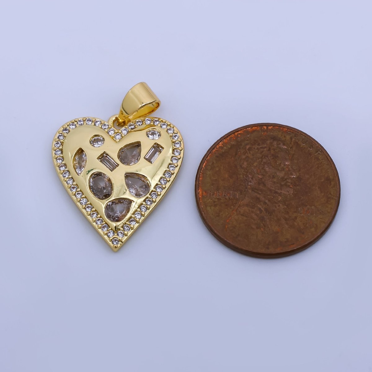 24K Gold Filled Geometric CZ Micro Paved Heart Pendant | AH454 - DLUXCA