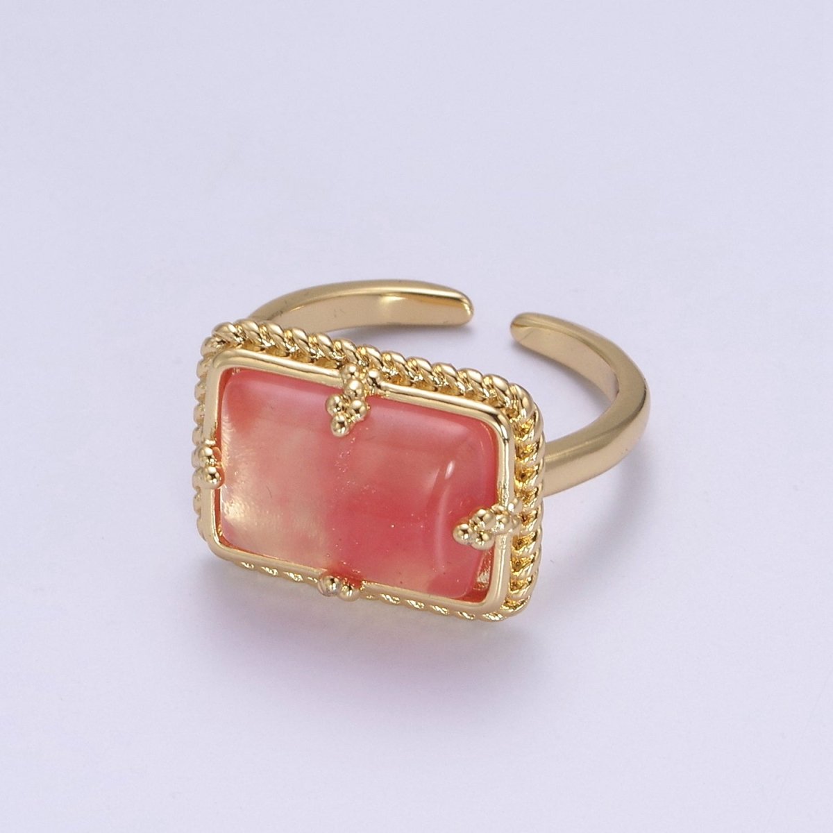 24K Gold Filled Gold Watermelon Pink Rectangular Gemstone Ring, Chunky Statement Ring | U-453 - DLUXCA