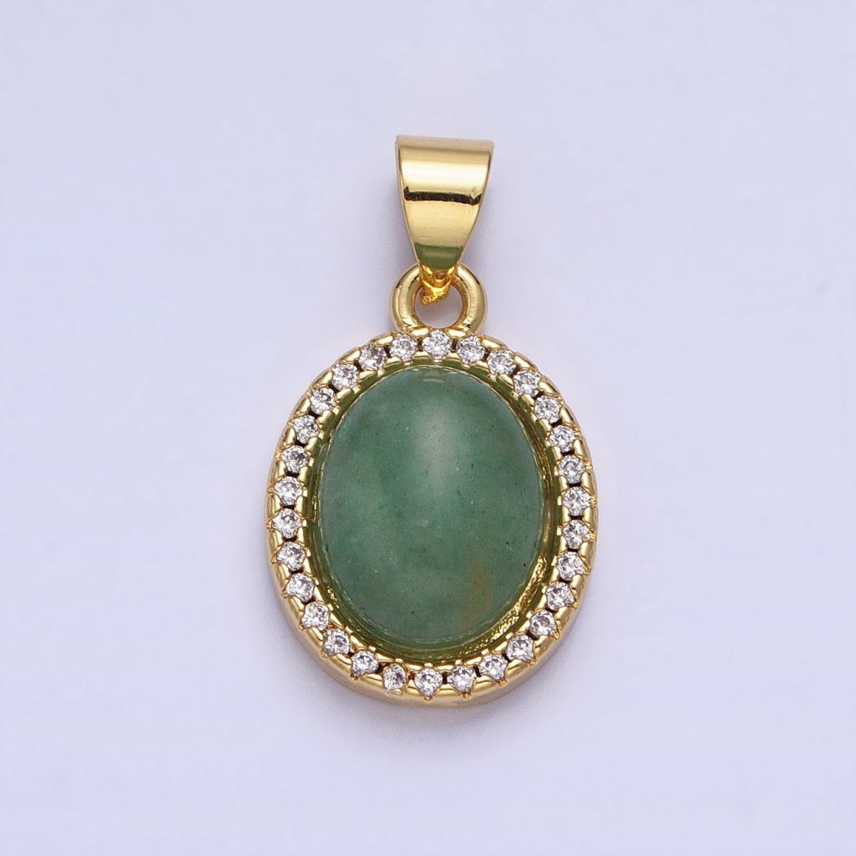 24K Gold Filled Green Aventurine Natural Gemstone Micro Paved CZ Oval Pendant | AA180 - DLUXCA