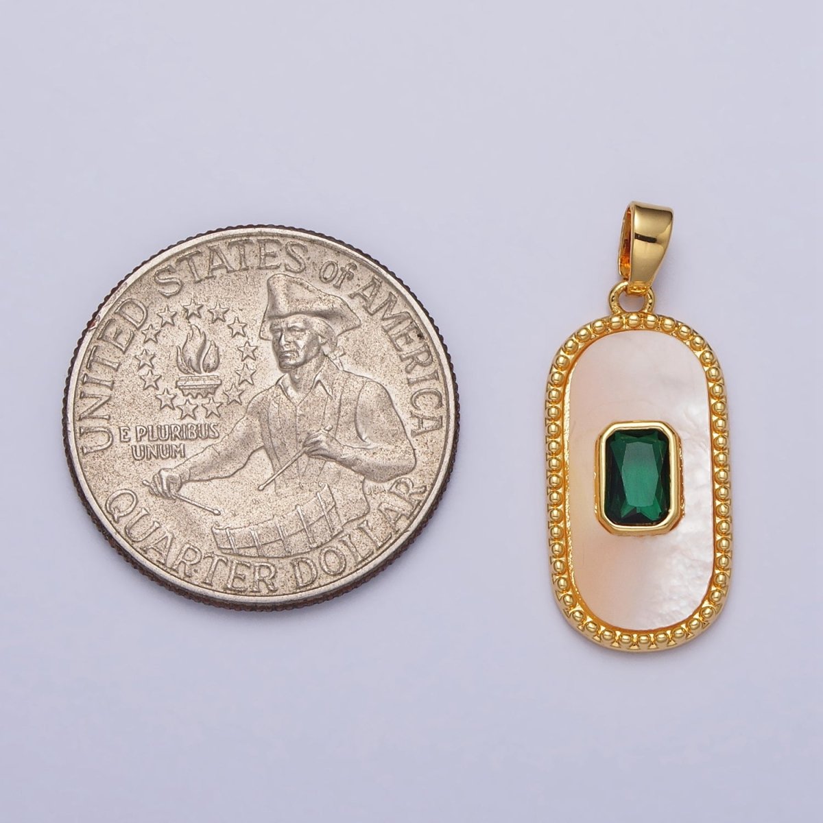 24K Gold Filled Green Baguette CZ Shell Pearl Oblong Beaded Pendant | AA111 - DLUXCA