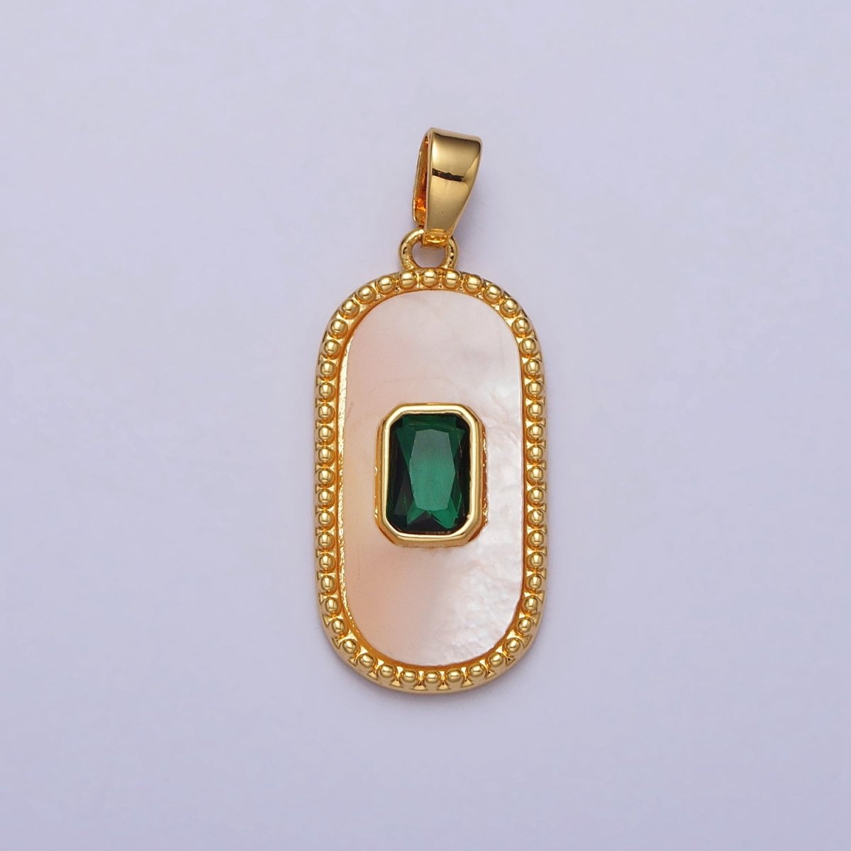 24K Gold Filled Green Baguette CZ Shell Pearl Oblong Beaded Pendant | AA111 - DLUXCA