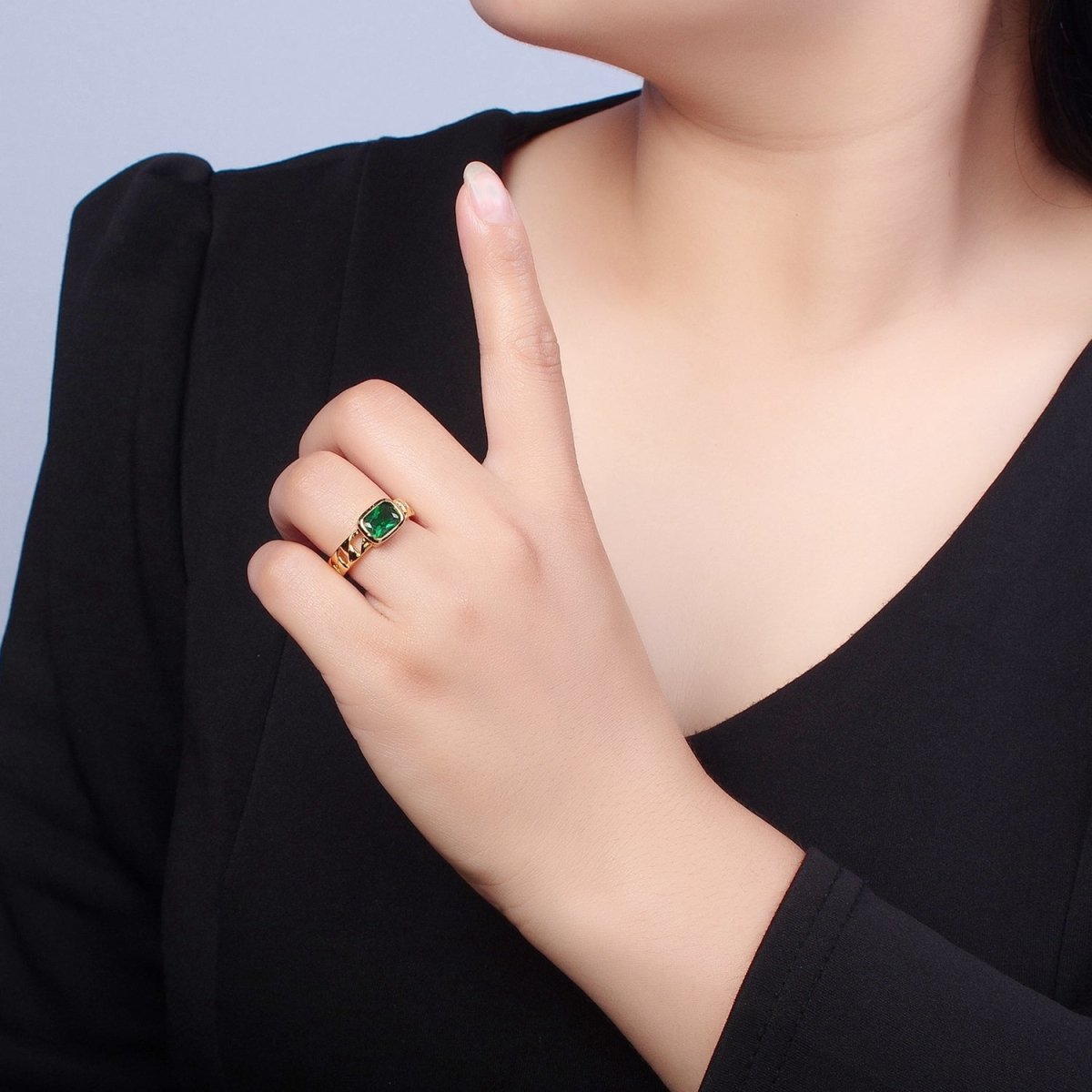 24K Gold Filled Green Baguette CZ with Chain Link Band O-2211 - DLUXCA