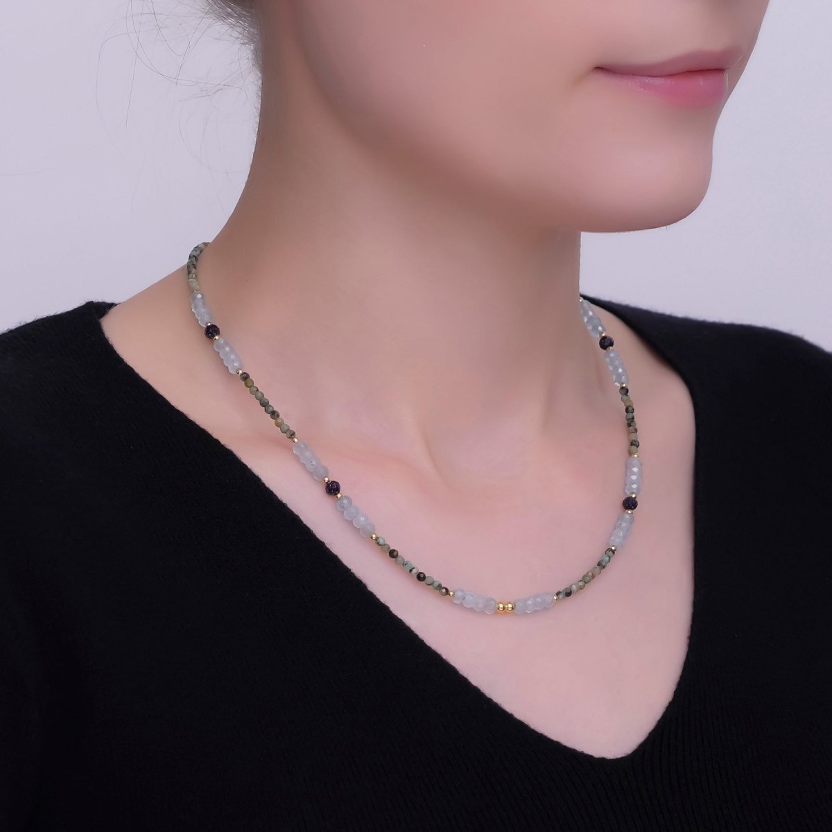 24K Gold Filled Green Blue Multifaceted Gemstone Bead 17 Inch Necklace | WA - 2965 - DLUXCA