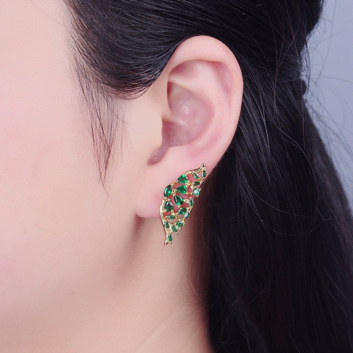 24K Gold Filled Green Butterfly Wings Studs, Micro Pave Mariposa Emerald Earrings V-446 - DLUXCA