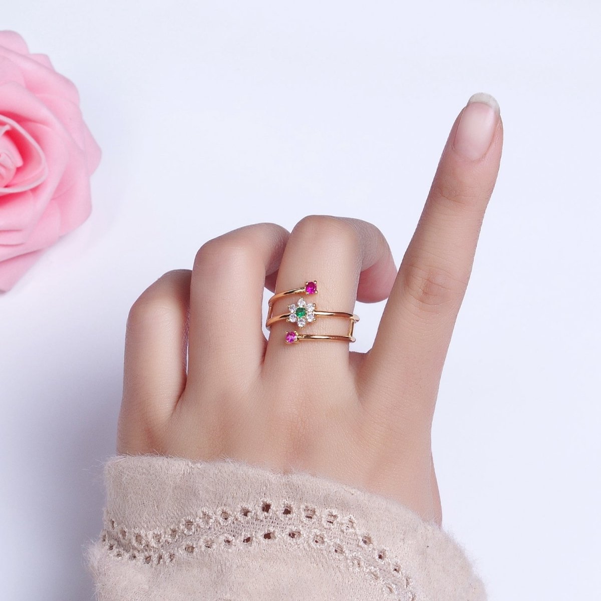 24K Gold Filled Green Clear Flower Fuchsia Round CZ Double Band Ring in Gold & Silver | O-1930 O-1931