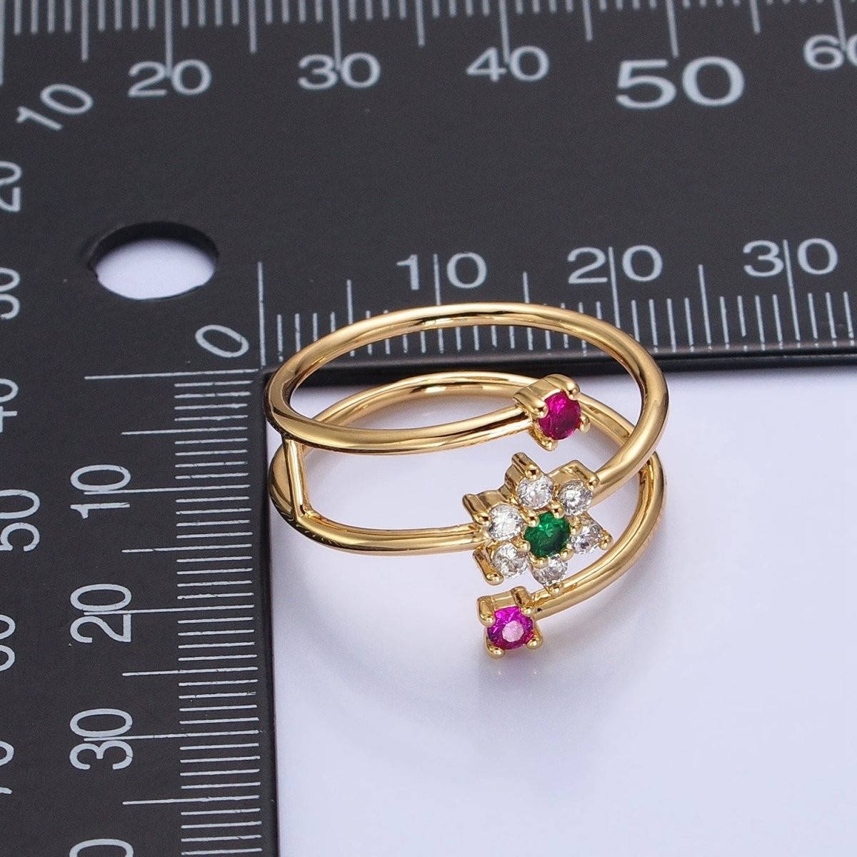 24K Gold Filled Green Clear Flower Fuchsia Round CZ Double Band Ring in Gold & Silver | O-1930 O-1931