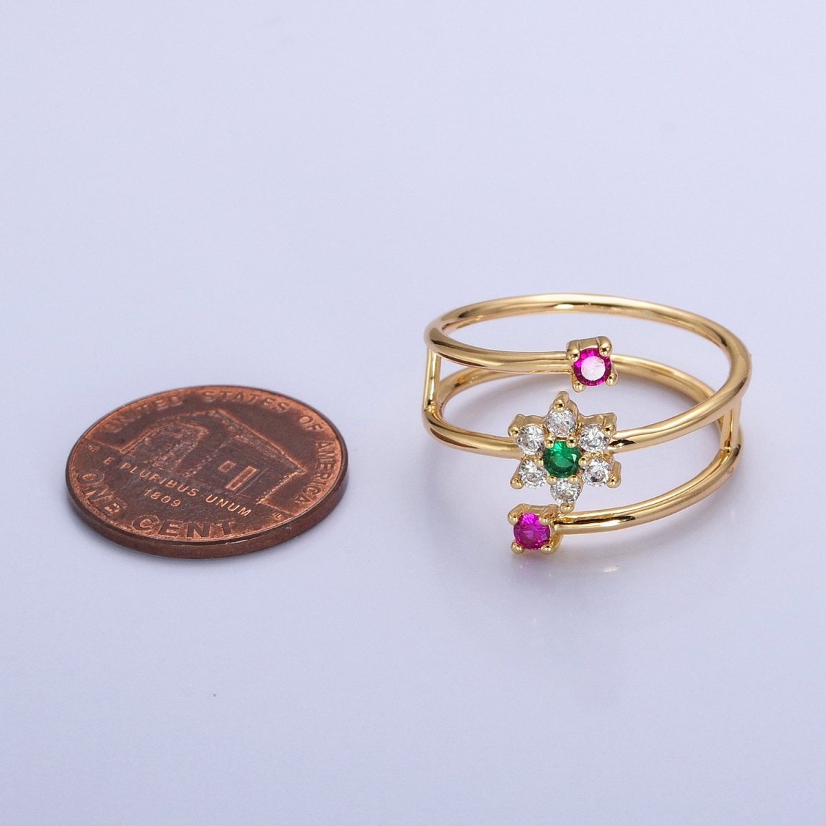 24K Gold Filled Green Clear Flower Fuchsia Round CZ Double Band Ring in Gold & Silver | O-1930 O-1931